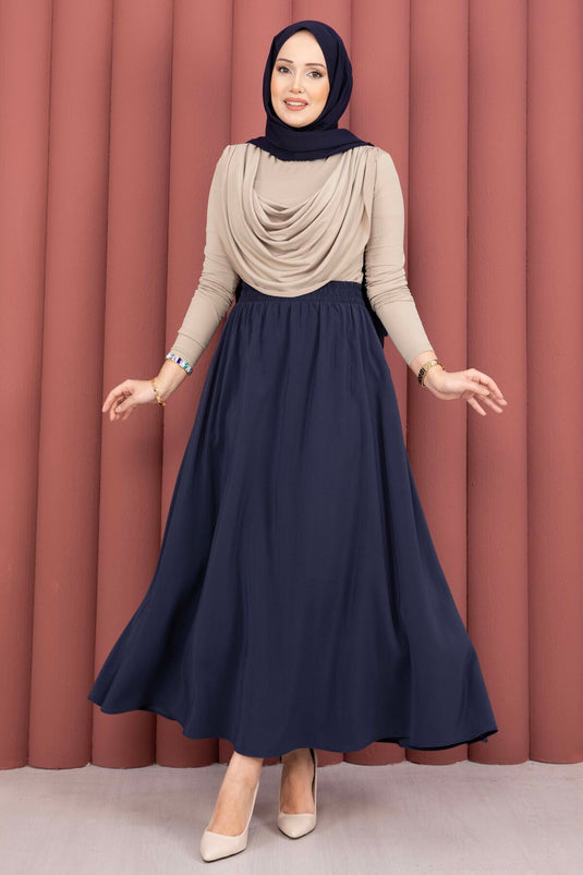 Buy Elastic Waistband Pocketed Tencel Skirt Navy Blue