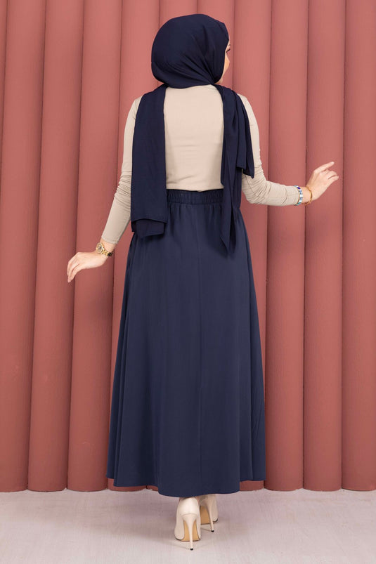 Buy Elastic Waistband Pocketed Tencel Skirt Navy Blue