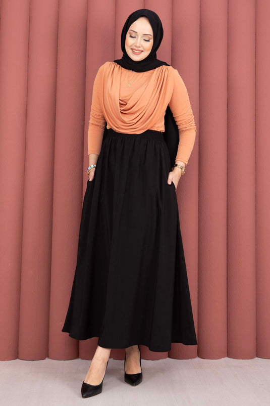 Buy Elastic Waistband Pocketed Tencel Skirt Black