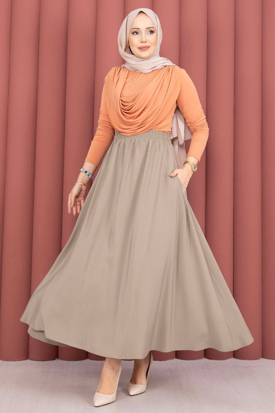Buy Elastic Waistband Pocketed Tencel Skirt in Fawn