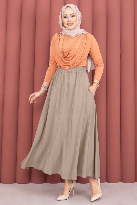 Buy Elastic Waistband Pocketed Tencel Skirt in Fawn
