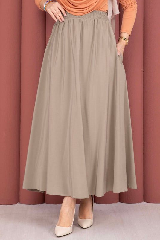Buy Elastic Waistband Pocketed Tencel Skirt in Fawn
