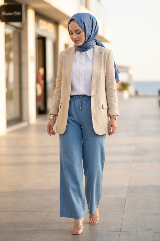 Pantalon en jean Tensel à taille élastique avec poches, bleu clair