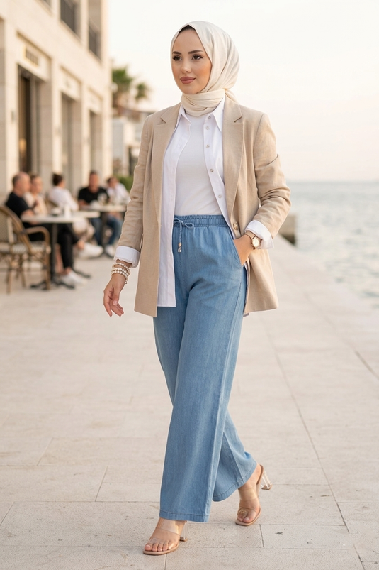 Pantalon en jean Tensel à taille élastique avec poches, bleu clair