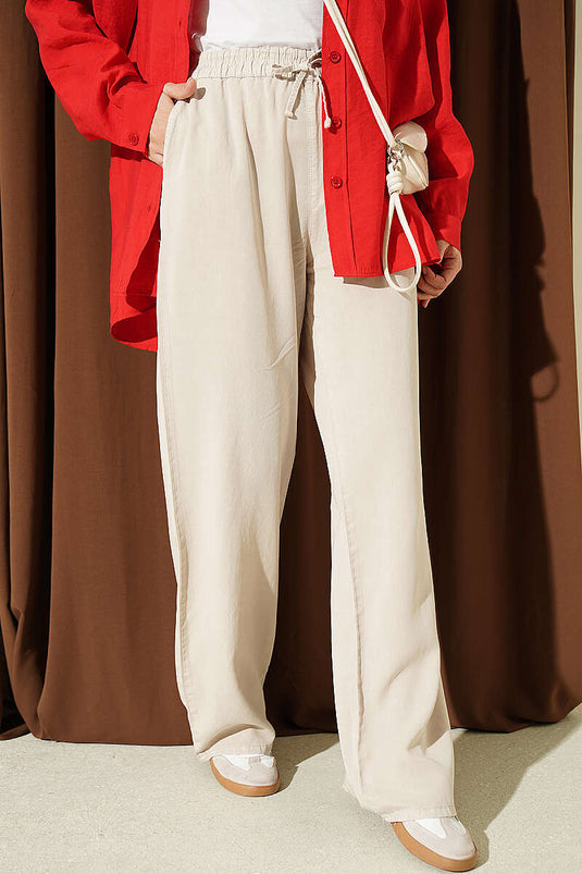 Beige Elastische Hose Mit Taschen
