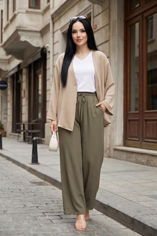 Pantalon Tensel À Taille Élastique Avec Poches Kaki