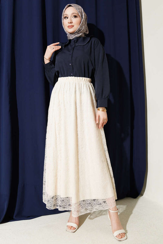 Gonna elasticizzata con pizzo floreale beige
