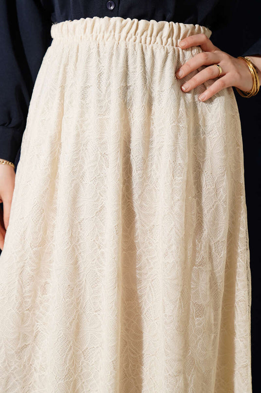 Gonna elasticizzata con pizzo floreale beige