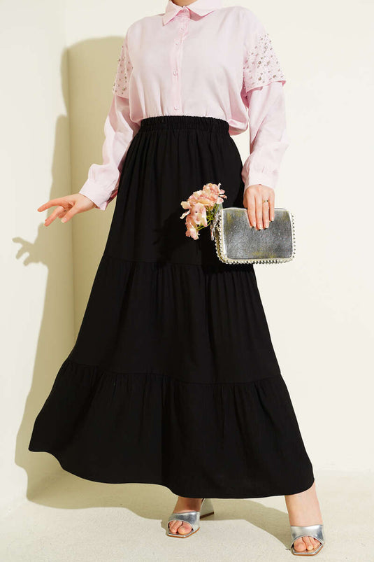 Beli Lastikli Çift Katlı Etek Siyah