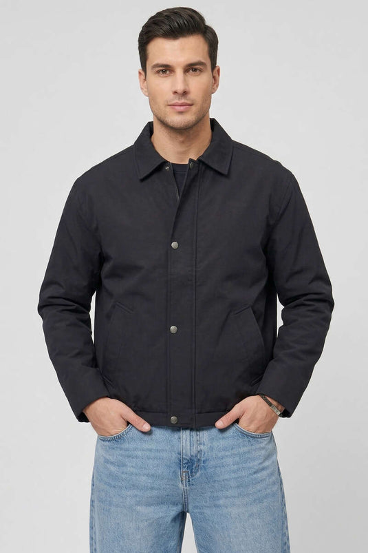 Herrenjacke mit Gummizug und Druckknopf-Reißverschluss, Schwarz