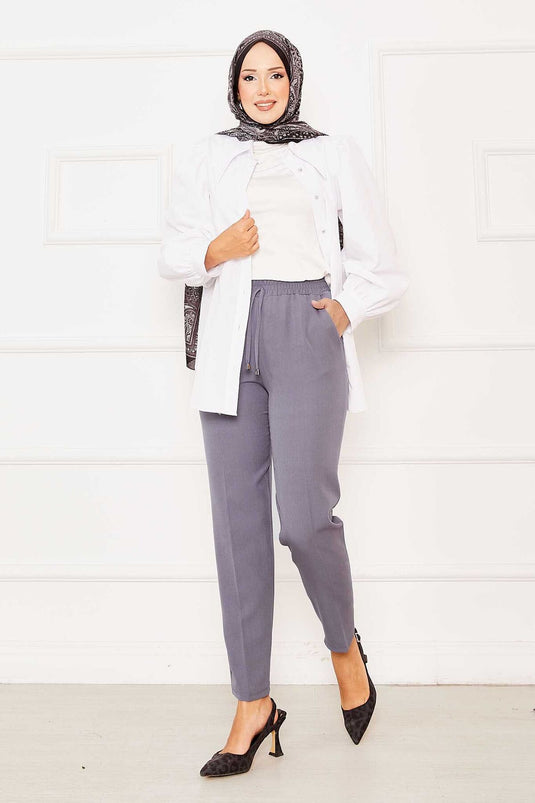 بنطلون رمادي ضيق بخصر مطاطي