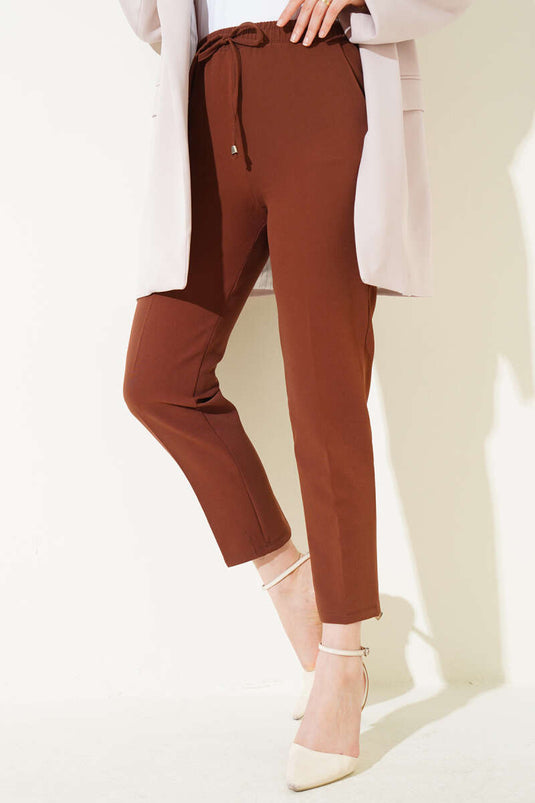 Brown Elastic Waist Slim Fit Pants