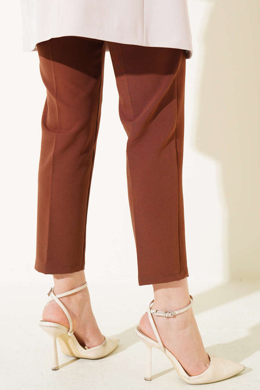 Brown Elastic Waist Slim Fit Pants