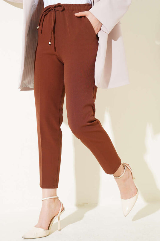 Brown Elastic Waist Slim Fit Pants