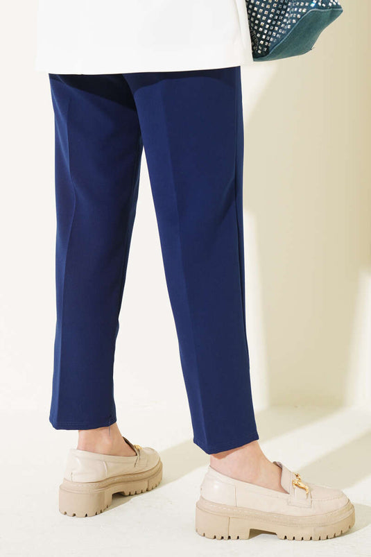 Navy Blue Elastic Waist Slim Fit Pants