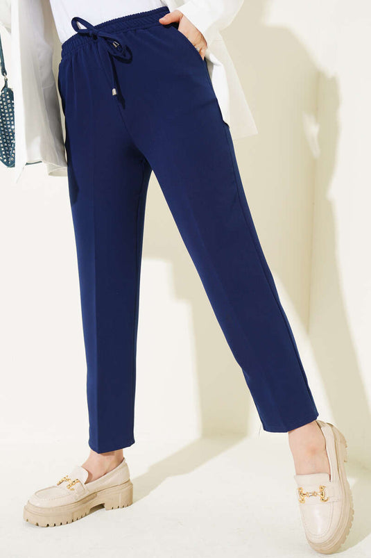 Navy Blue Elastic Waist Slim Fit Pants