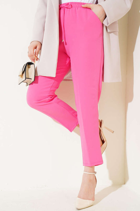 Pink Elastic Waist Slim Fit Pants