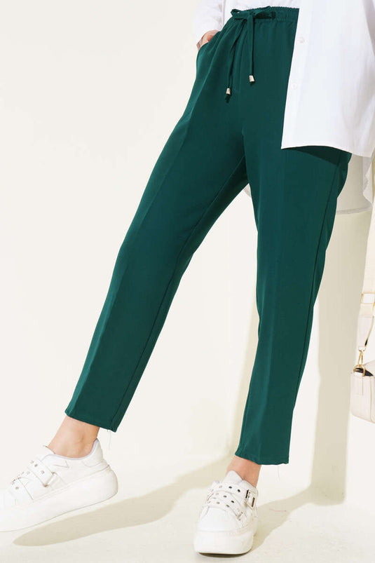 Beli Lastikli Dar Paça Pantolon Zümrüt Yeşili