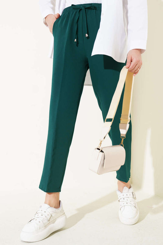 Beli Lastikli Dar Paça Pantolon Zümrüt Yeşili