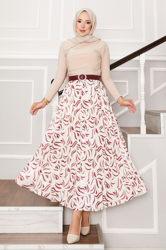 Elastic Waist Patterned Pleated Skirt Claret Red