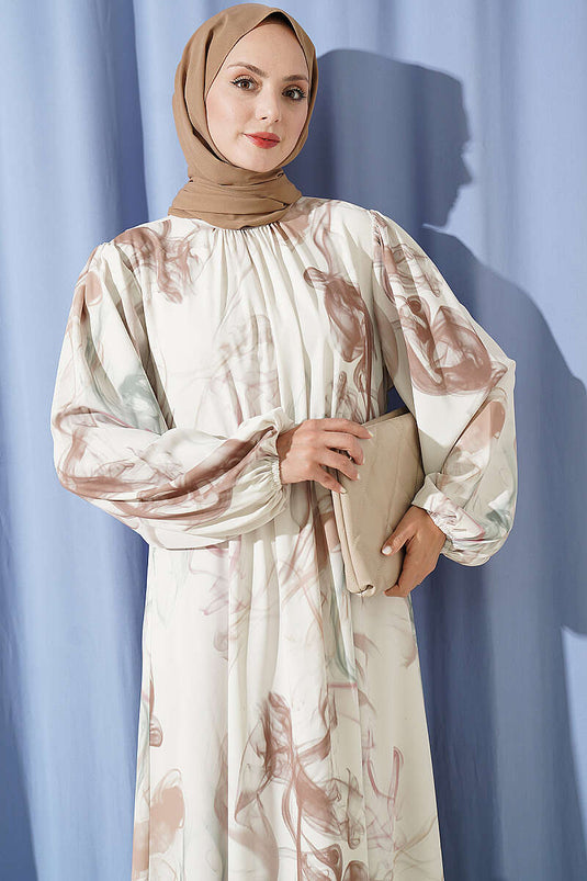 Digital Satin Kleid Mit Elastischem Bund In Kaffee