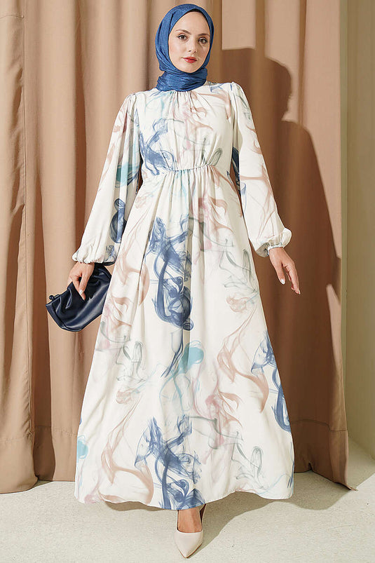 Robe En Satin Numérique À Taille Élastiquée Bleue