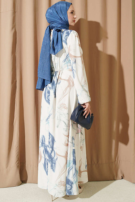 Robe En Satin Numérique À Taille Élastiquée Bleue