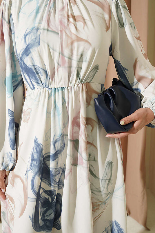 Robe En Satin Numérique À Taille Élastiquée Bleue