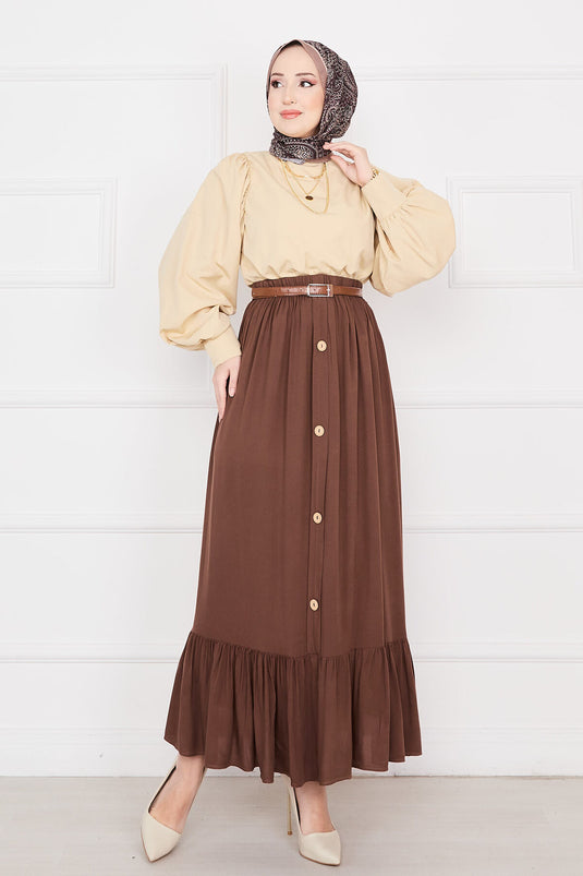 Jupe hijab boutonnée à taille élastique marron