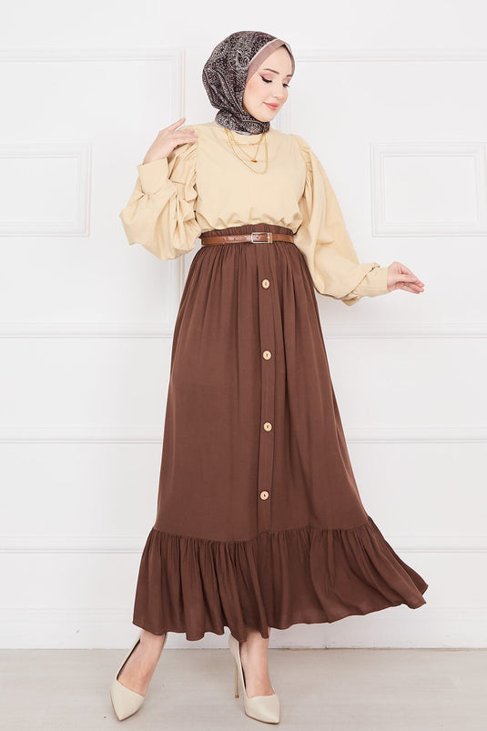 Jupe hijab boutonnée à taille élastique marron