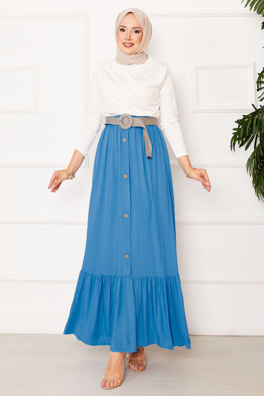 Jupe hijab à taille élastique et boutons détaillés, bleue