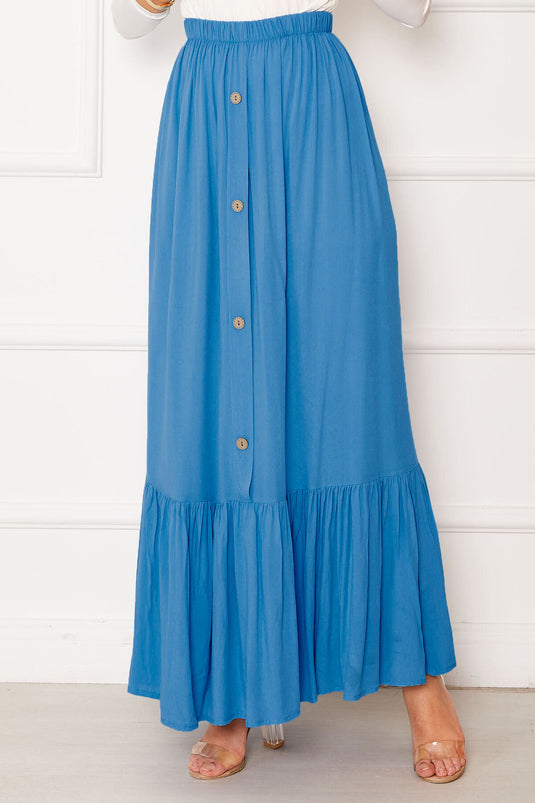Elastic Waist Button Detailed Hijab Skirt Blue