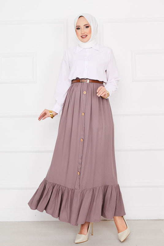 Buy Elastic Button Detail Modest Skirt Beige