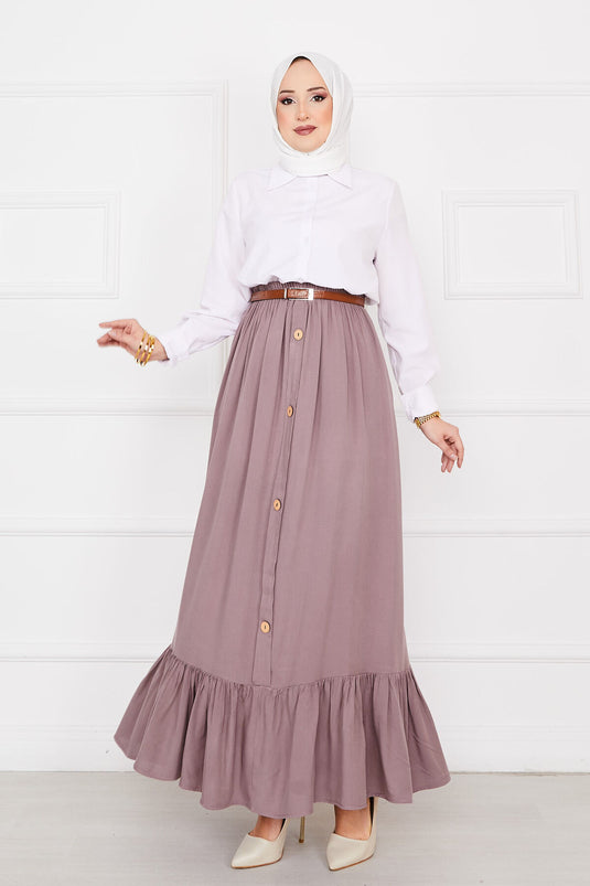 Buy Elastic Button Detail Modest Skirt Beige