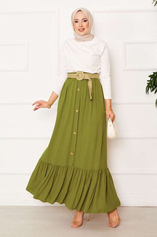 Jupe Modeste À Taille Élastique Et Boutons En Vert Olive