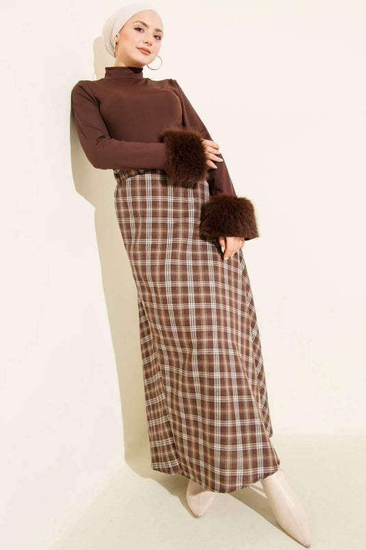 Jupe basique élastiquée à carreaux marron