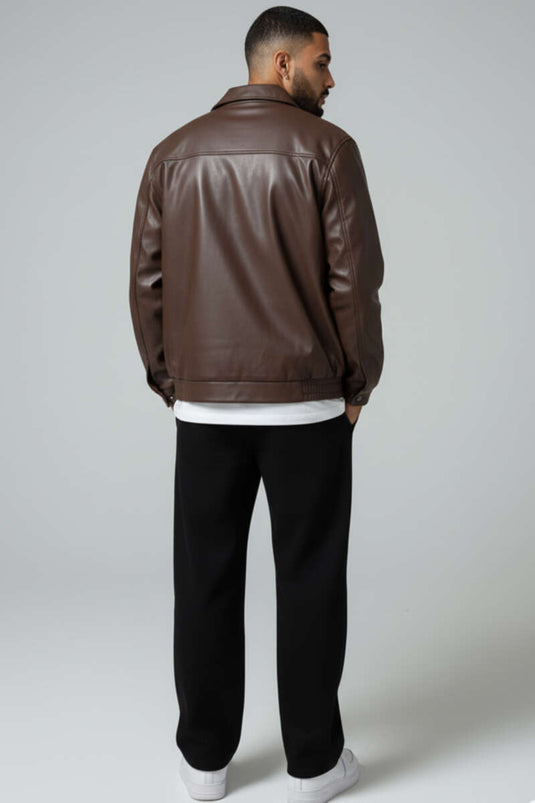 Men's Leather Jacket with Elastic Waistband, Brown
