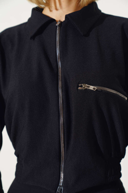 Beli Lastikli Fermuarlı Ceket Siyah