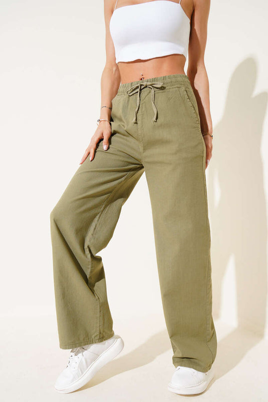 Leinenhose mit elastischem Bund und weitem Bein, Khaki