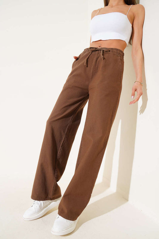 Leinenhose mit elastischem Bund und weitem Bein, braun