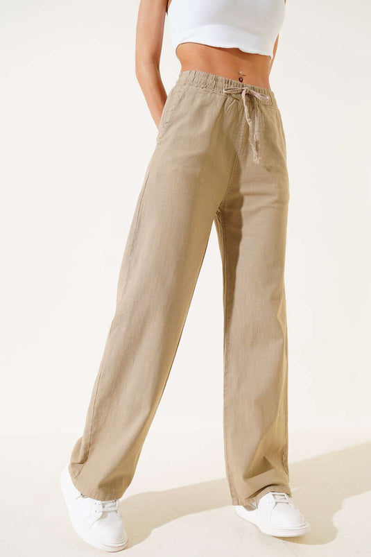 Leinenhose mit elastischem Bund und weitem Bein, Nerz