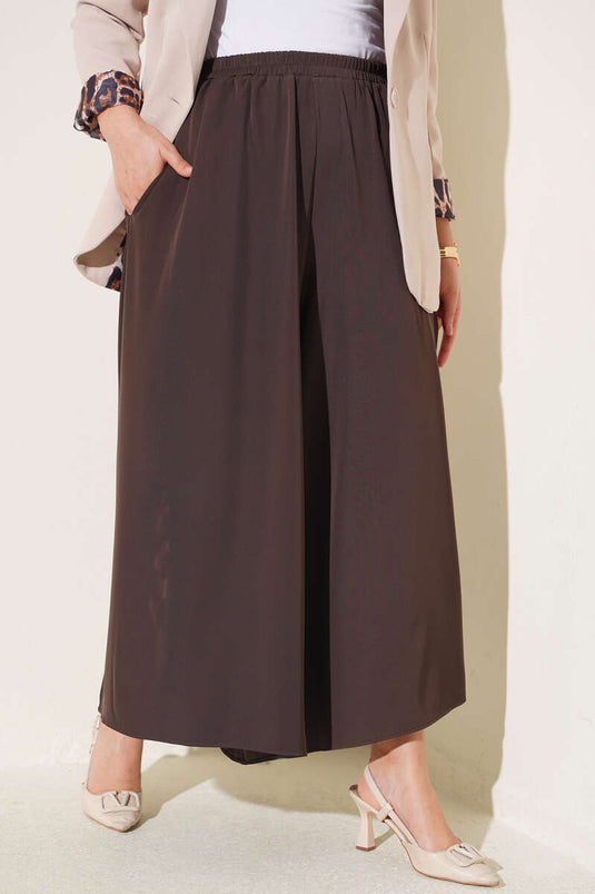 Elastic Waist Wide Leg Fabric Trousers In Spicy Brown