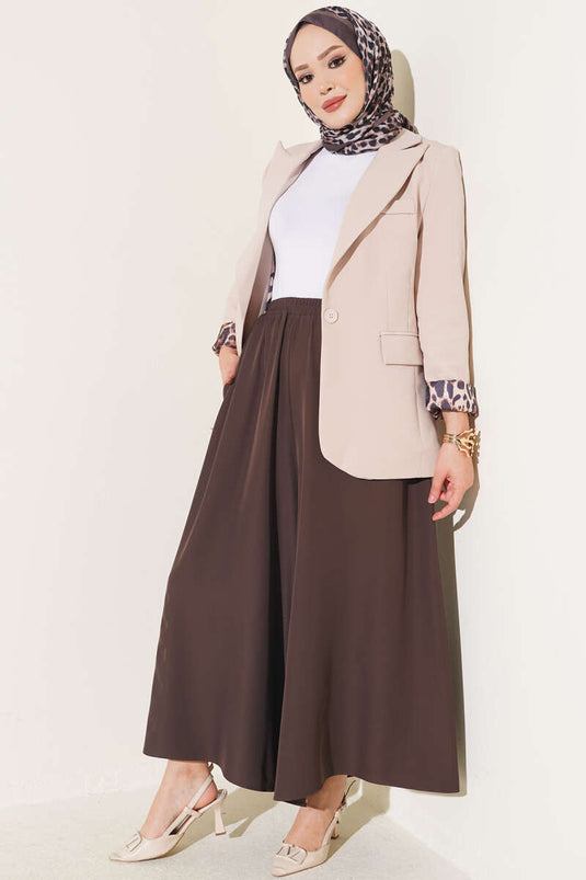 Elastic Waist Wide Leg Fabric Trousers In Spicy Brown