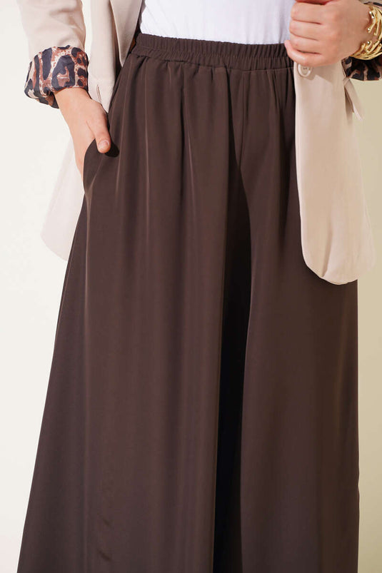 Elastic Waist Wide Leg Fabric Trousers In Spicy Brown