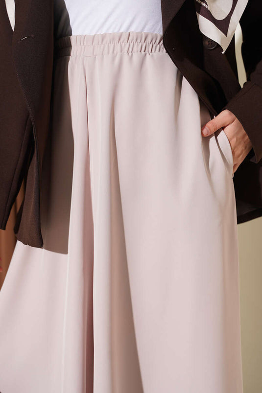 Beige Elastischer Weitbein-Hosen Aus Stoff