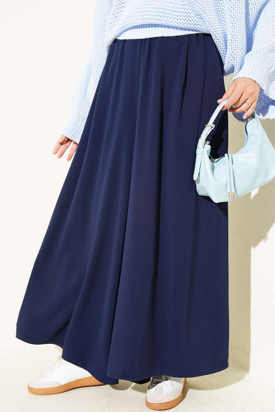 Pantalones Anchos De Tela Con Cintura Elástica Azul Marino