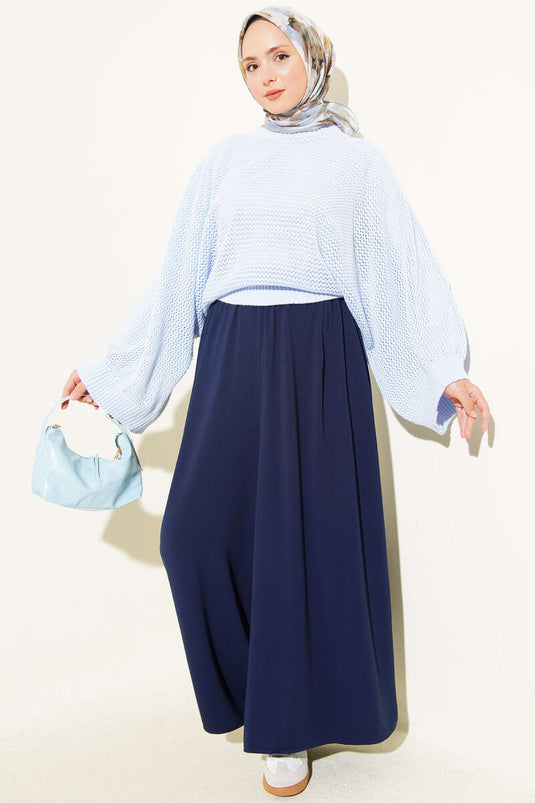 Pantalones Anchos De Tela Con Cintura Elástica Azul Marino