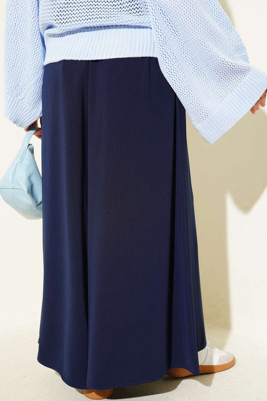 Pantalones Anchos De Tela Con Cintura Elástica Azul Marino