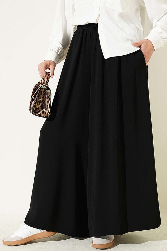 Pantalon Large En Tissu À Taille Élastique Noir