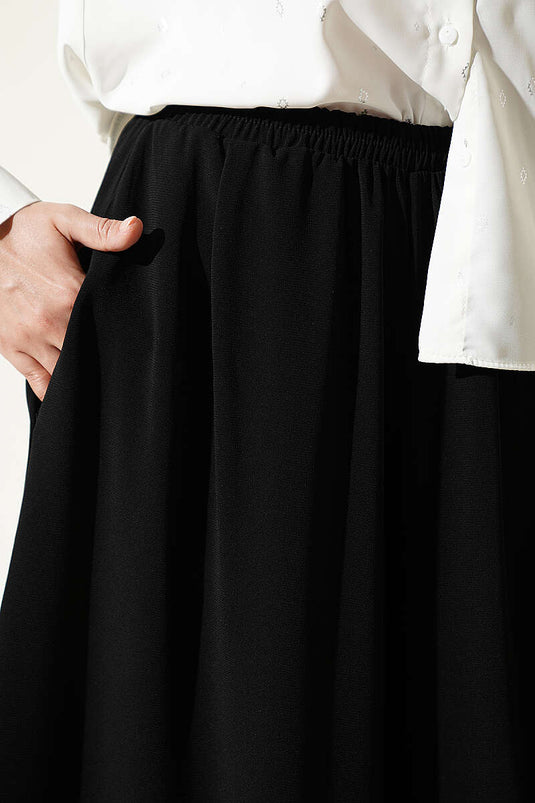 Pantalon Large En Tissu À Taille Élastique Noir